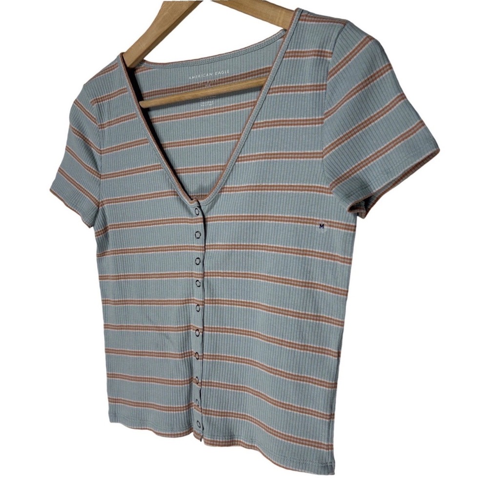 American Eagle Soft & Sexy Ribbed V-Neck Button Up Top Blue Orange Stripe M NWT